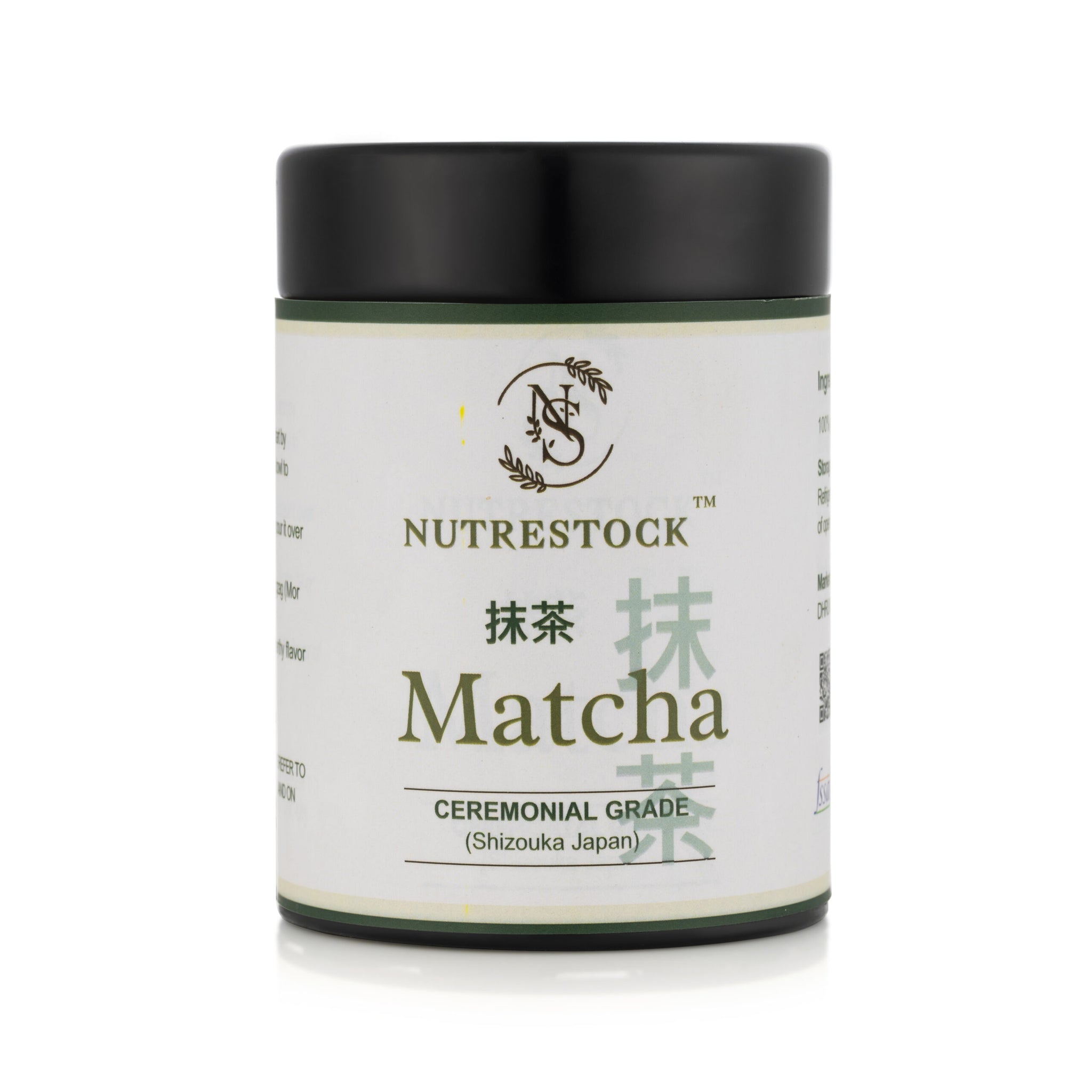 Nutrestock Ceremonial Grade Matcha 30g tin on white background – authentic Japanese green tea powder