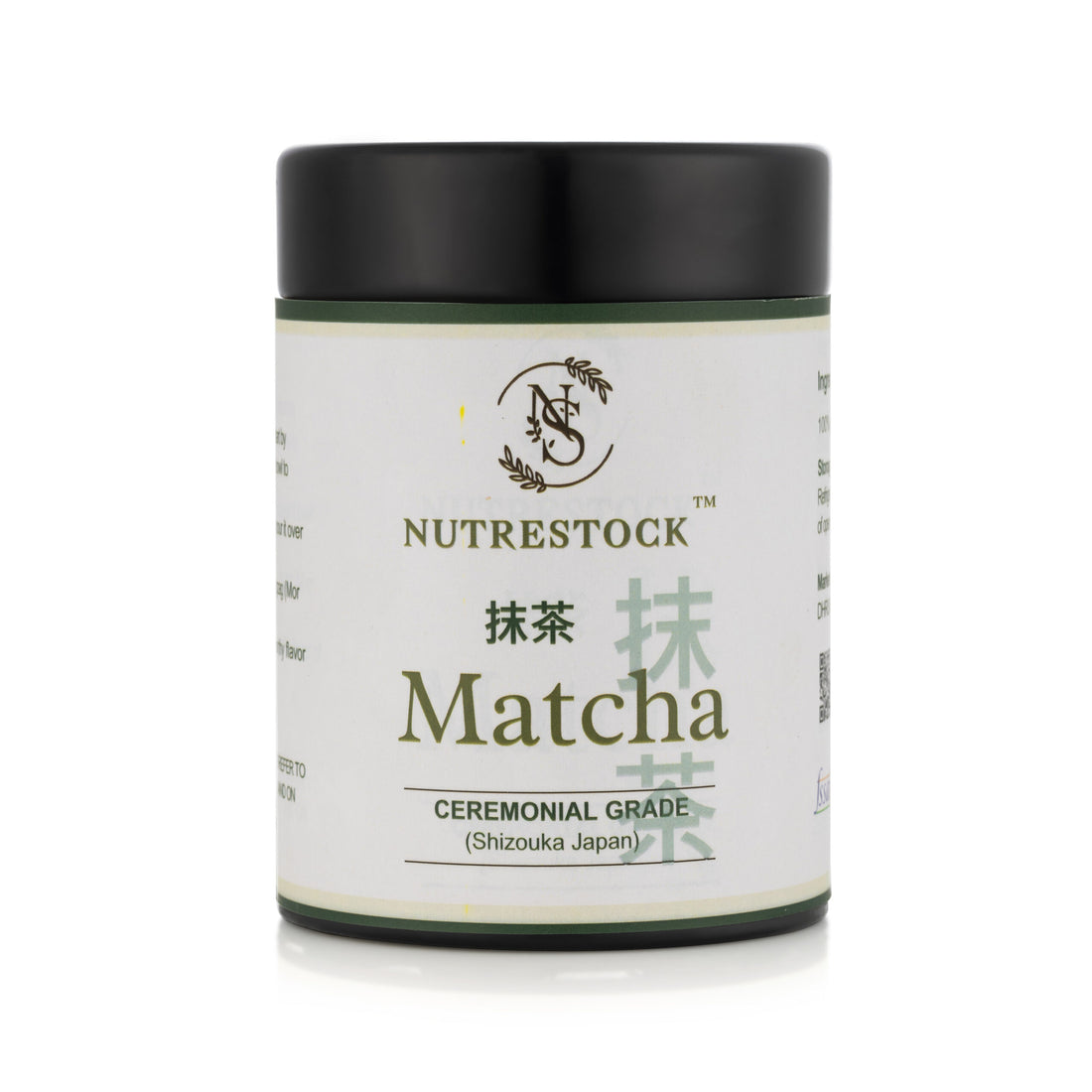 Nutrestock Ceremonial Grade Matcha 30g tin on white background – authentic Japanese green tea powder