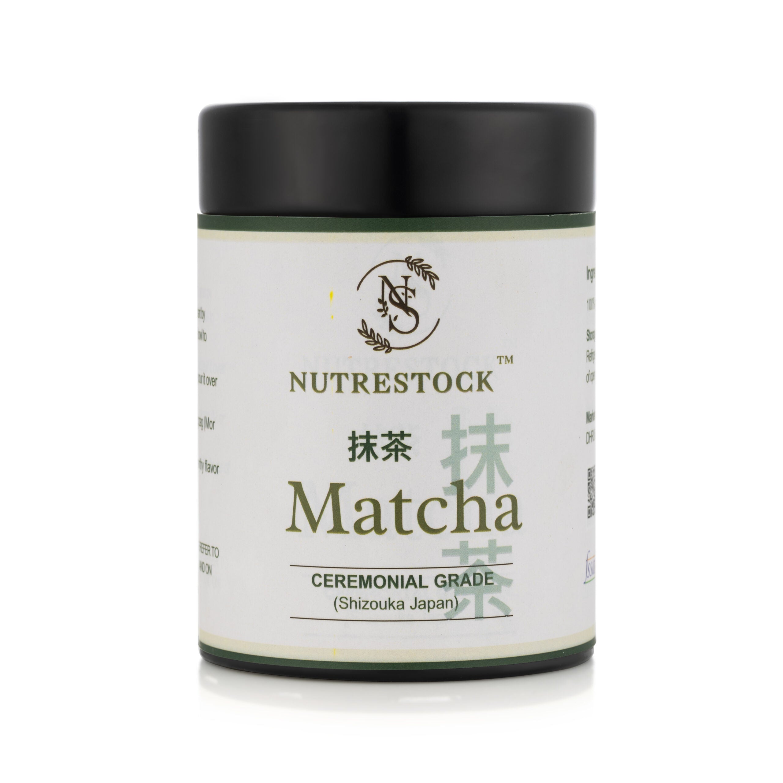 Nutrestock Ceremonial Grade Matcha 30g tin on white background – authentic Japanese green tea powder