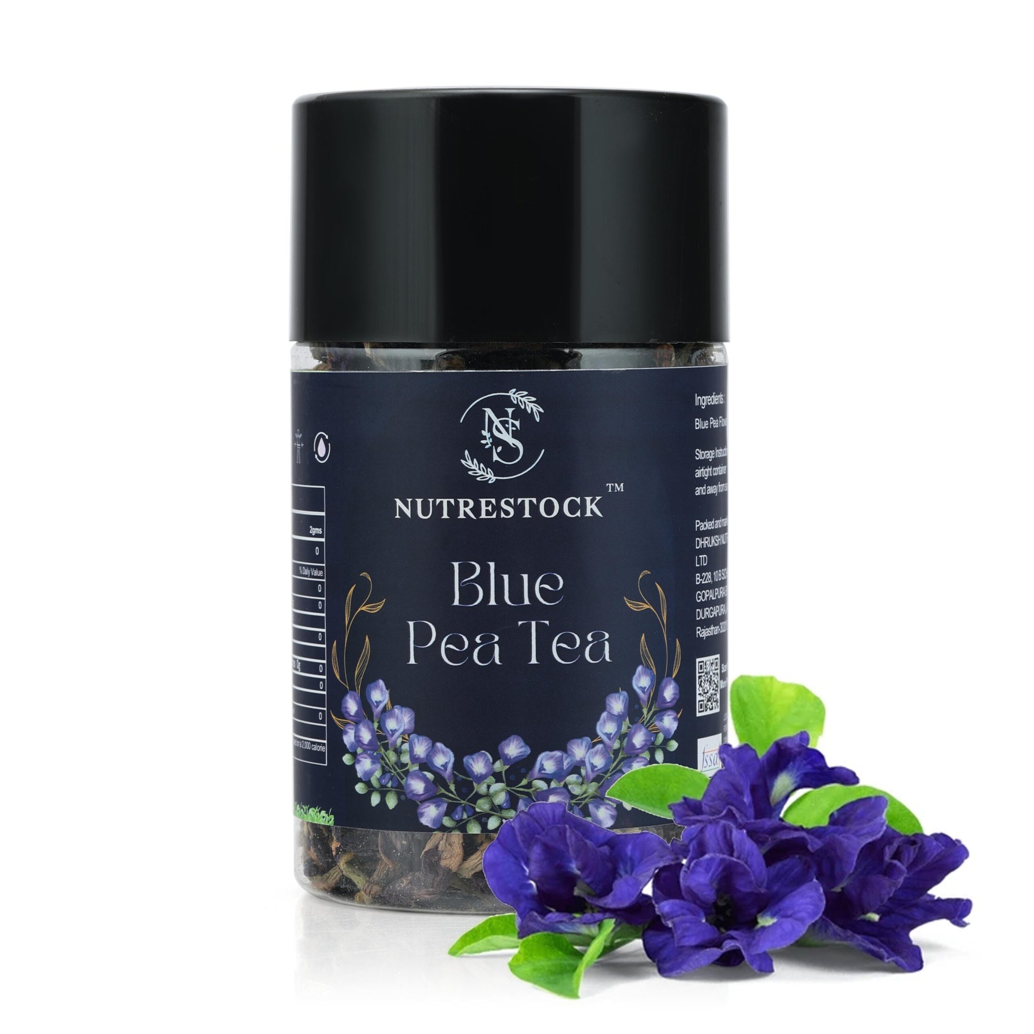 Nutrestock Blue Pea Tea 50g pack on white background – butterfly pea flower herbal tea rich in antioxidants