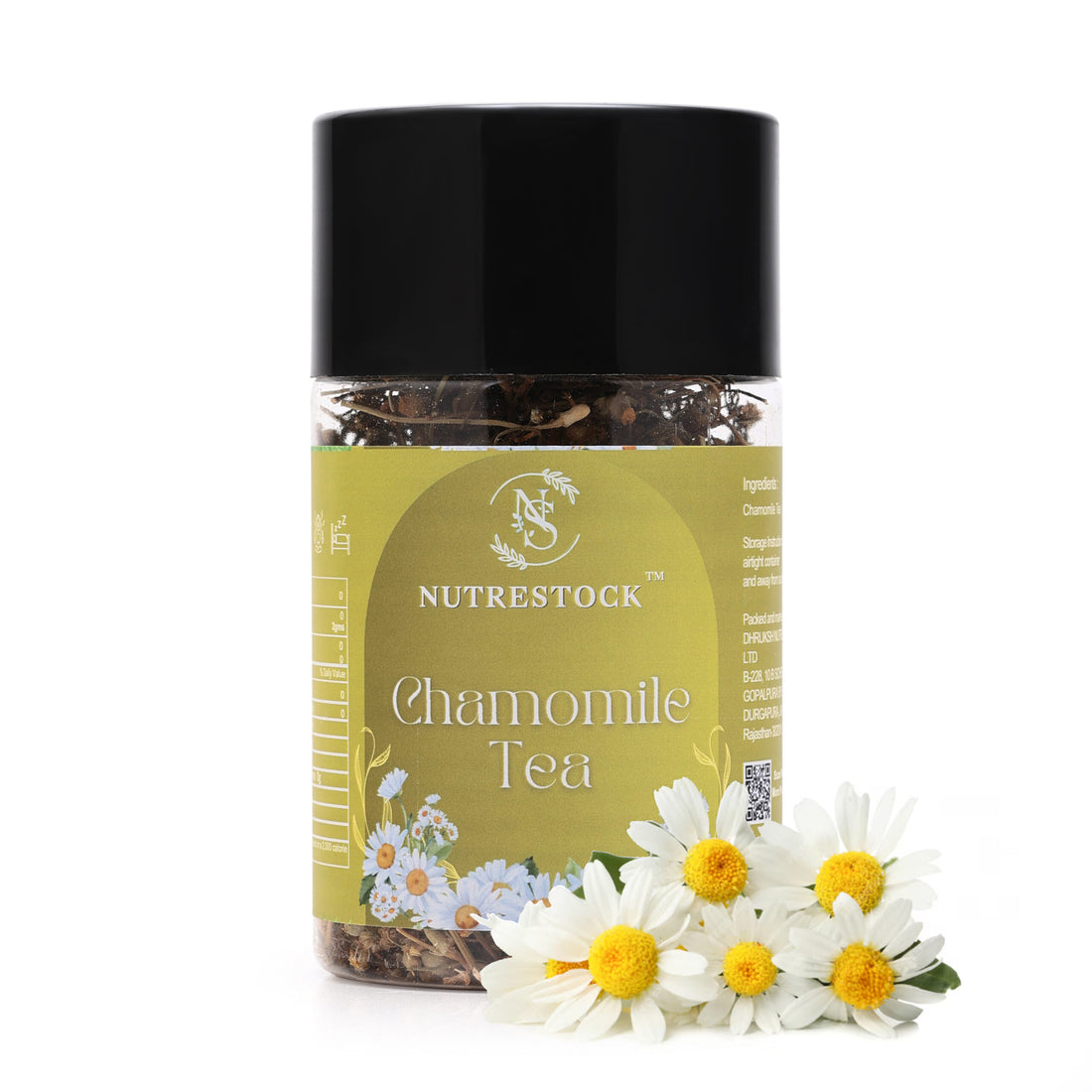 Nutrestock Chamomile Tea 50g pack on white background – calming herbal tea for relaxation and better sleep