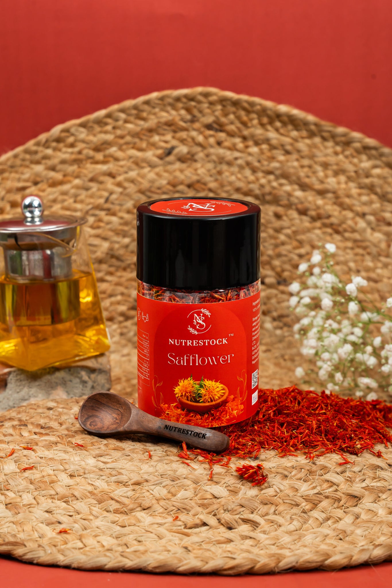 Nutrestock Safflower Petals 30g pack on white background – natural herbal petals for skin and heart health