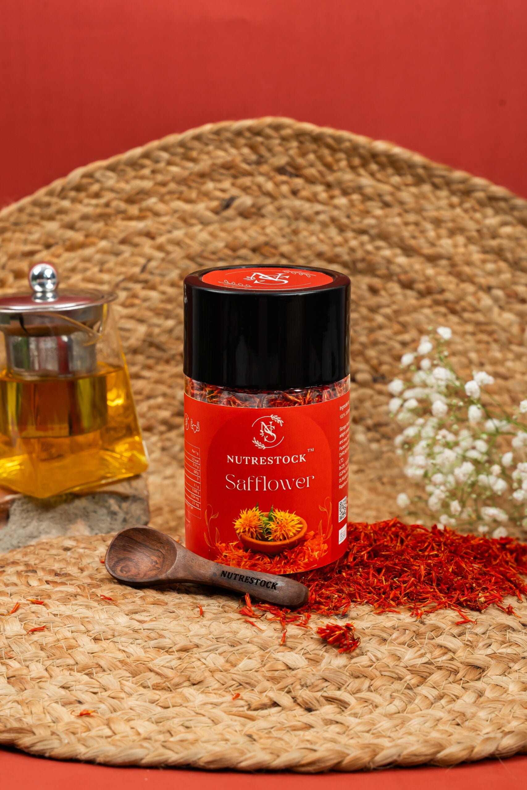 Nutrestock Safflower Petals 30g pack on white background – natural herbal petals for skin and heart health