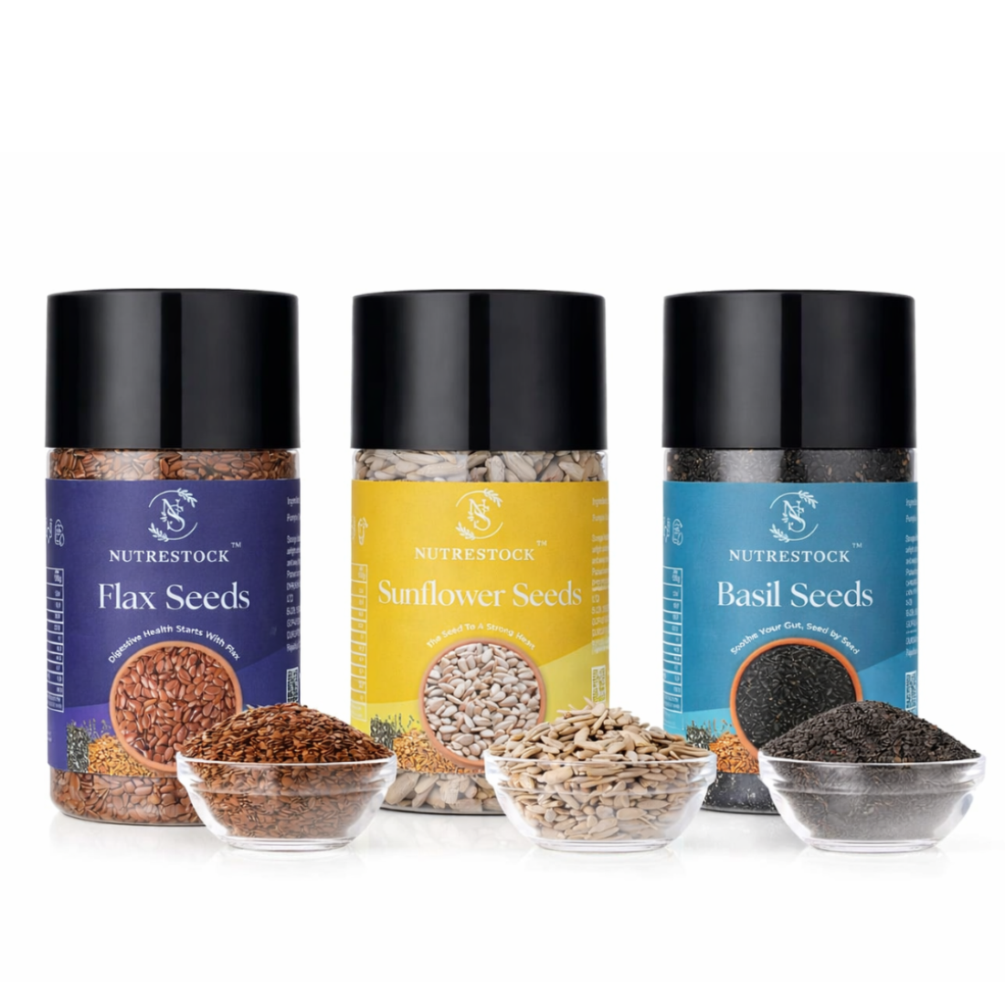 Nutrestock Flax + Sunflower + Basil (Sabja) Seeds Combo (250g each)