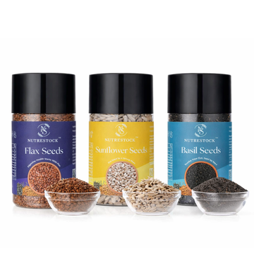 Nutrestock Flax + Sunflower + Basil (Sabja) Seeds Combo (250g each)
