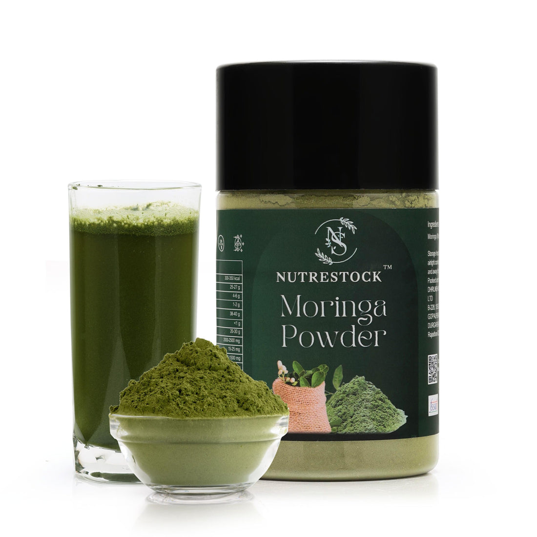 Nutrestock Moringa Powder 200g pack on white background – pure moringa leaf powder for energy and immunity