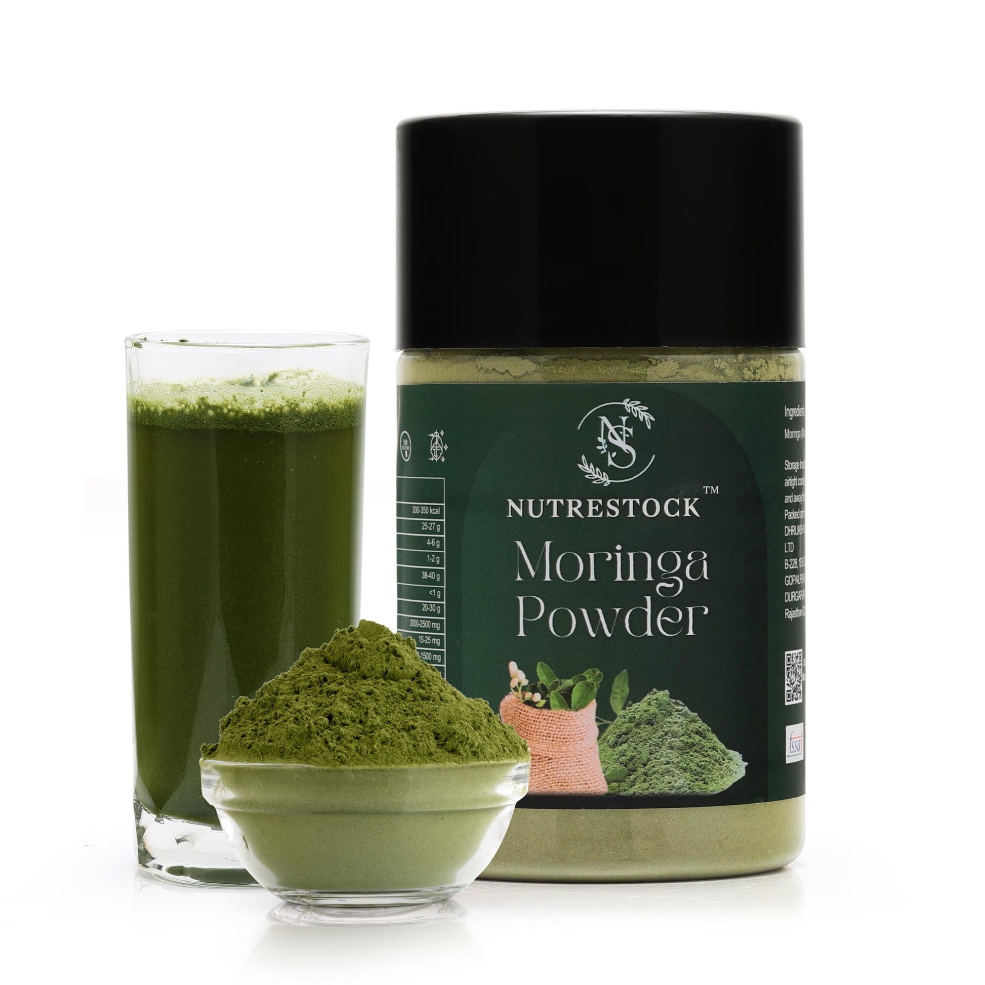 Nutrestock Moringa Powder 200g pack on white background – pure moringa leaf powder for energy and immunity