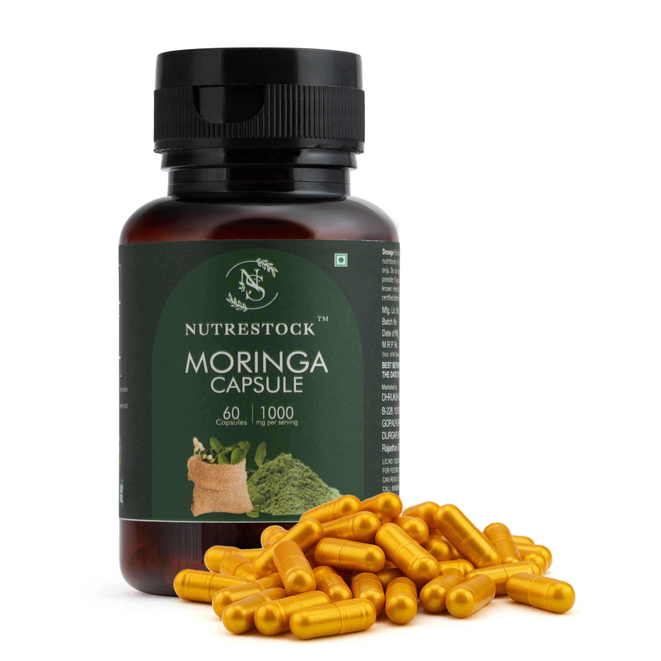 Nutrestock Moringa Capsules 60 count bottle on white background – herbal supplement for energy and detox