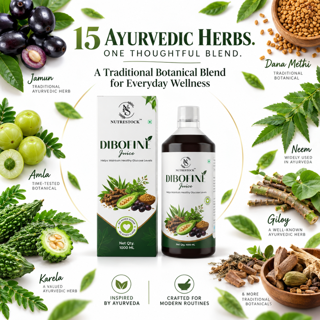 Nutrestock Dibofine – 15 Ayurvedic Herbs for Daily Glucose Wellness | Herbal Juice | 1L