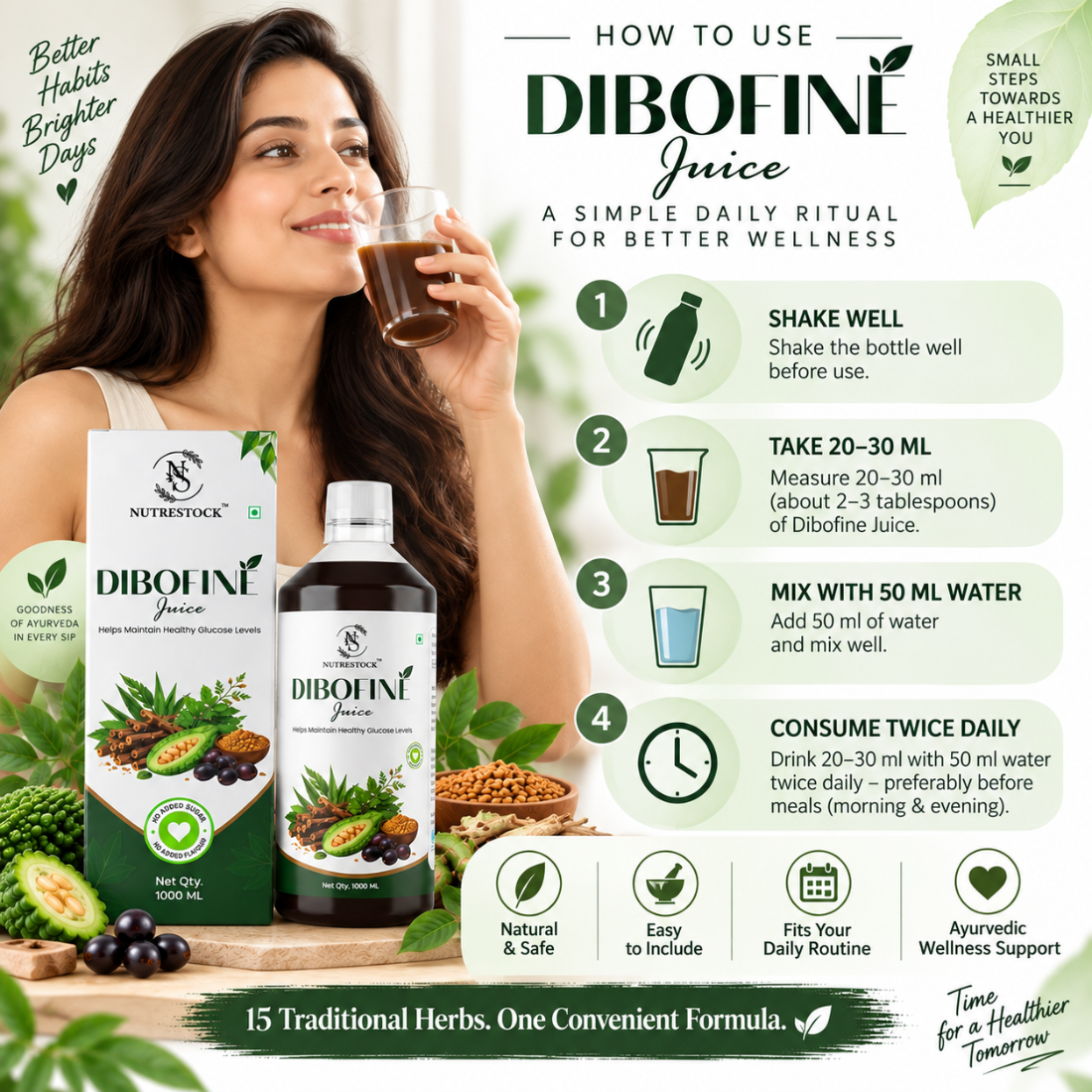 Nutrestock Dibofine – 15 Ayurvedic Herbs for Daily Glucose Wellness | Herbal Juice | 1L