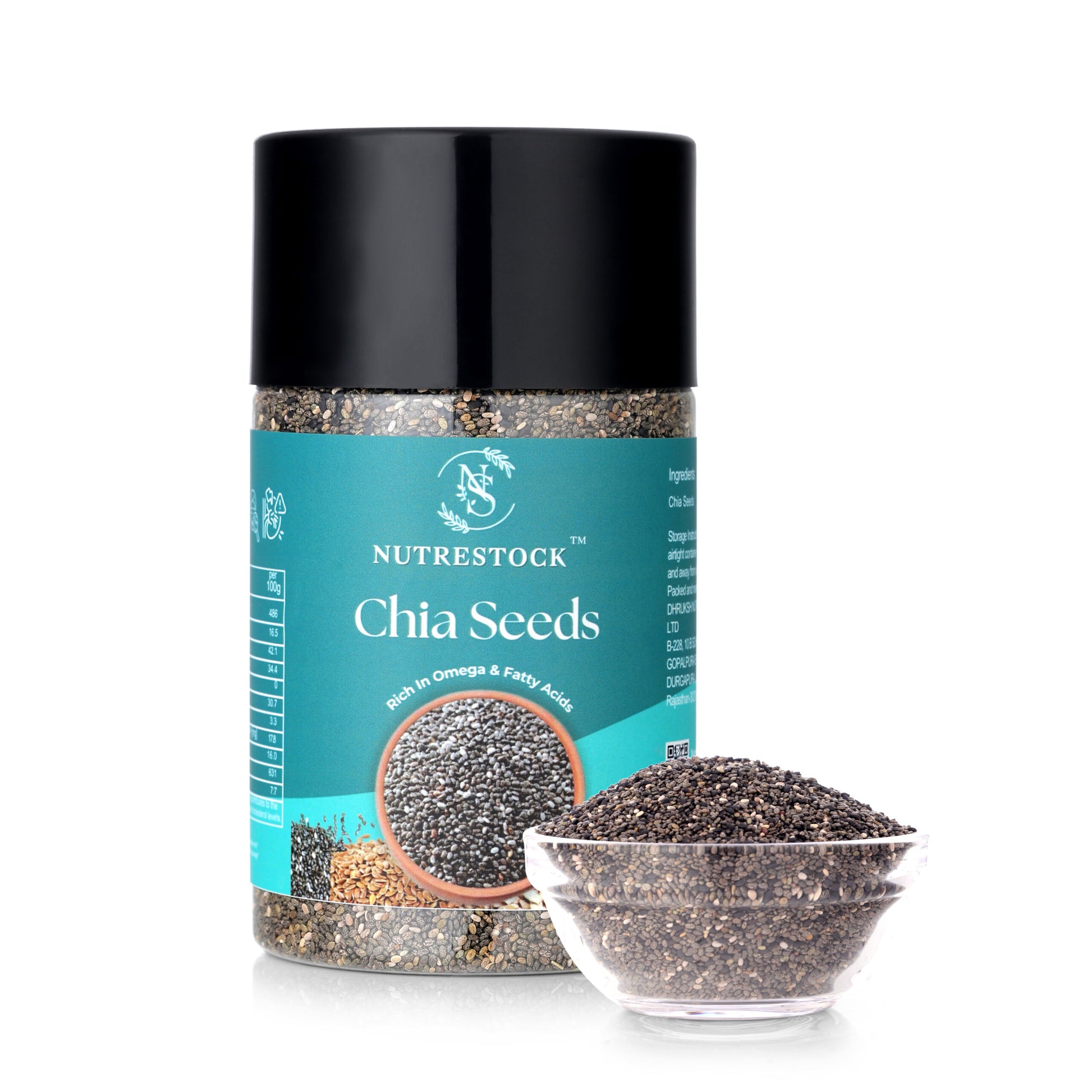 Nutrestock Chia Seeds 250g pack on white background – premium superfood rich in omega 3 and fiber