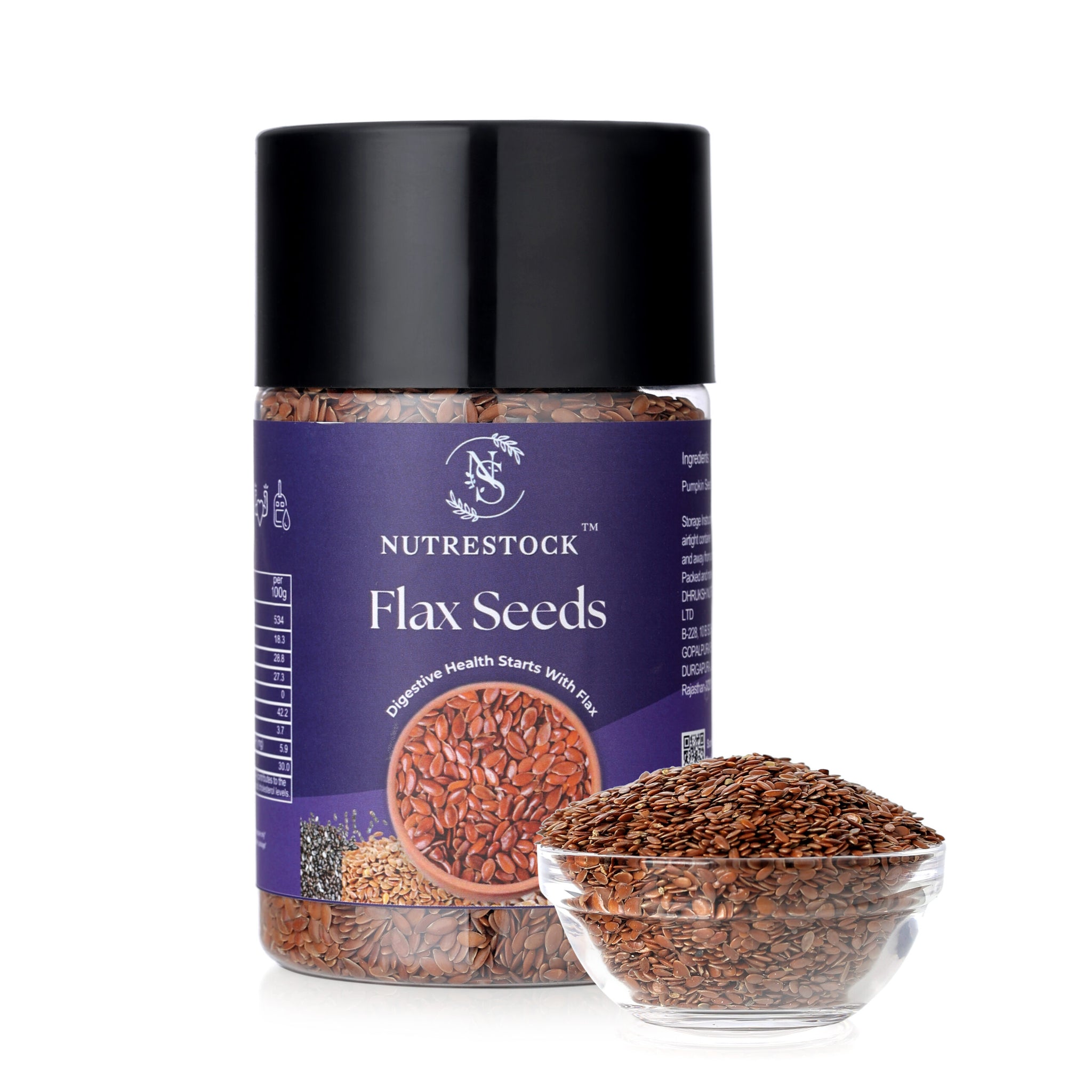 Nutrestock Flax Seeds 250g pack on white background – omega 3 rich superfood for heart and digestion