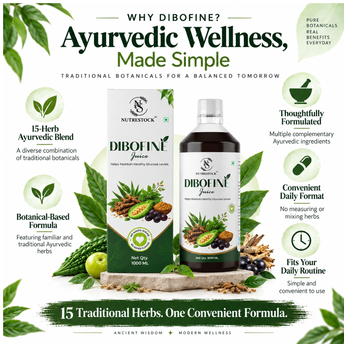 Nutrestock Dibofine – 15 Ayurvedic Herbs for Daily Glucose Wellness | Herbal Juice | 1L