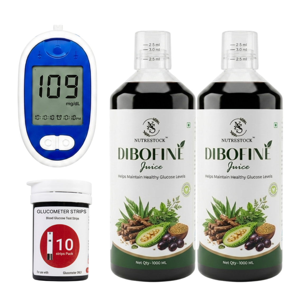 A bottle and box of Nutrestock DiboFine Juice, a 1000 ml product, displayed on a clean white background. The packaging features white and green colors with illustrations of natural ingredients like green leaves, a papaya, and dates.