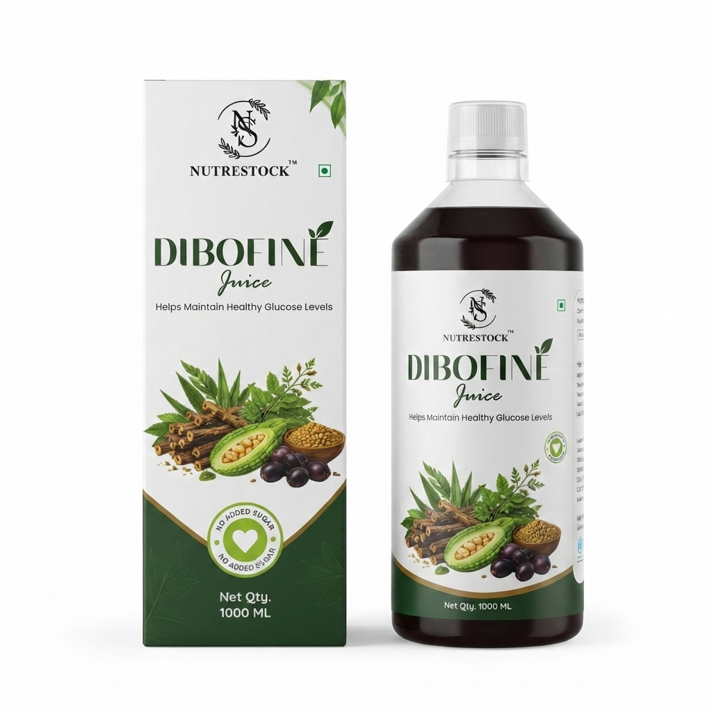 A bottle and box of Nutrestock DiboFine Juice, a 1000 ml product, displayed on a clean white background. The packaging features white and green colors with illustrations of natural ingredients like green leaves, a papaya, and dates.