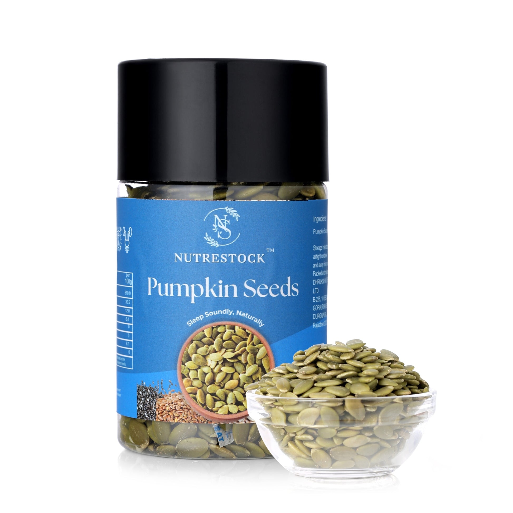 Nutrestock Pumpkin Seeds 250g pack on white background – crunchy roasted zinc rich healthy snack